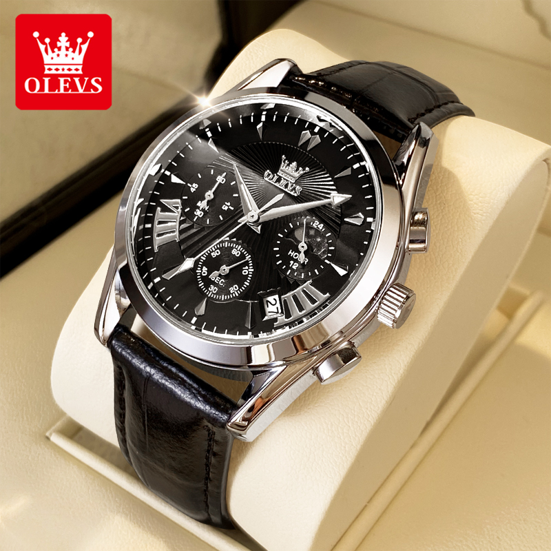 Leather Watch Strap - OLEVS casual mode herenhorloges maanfase chronograaf